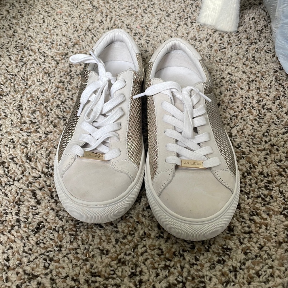 Women’s white and gold j/slides size 6 sneakers